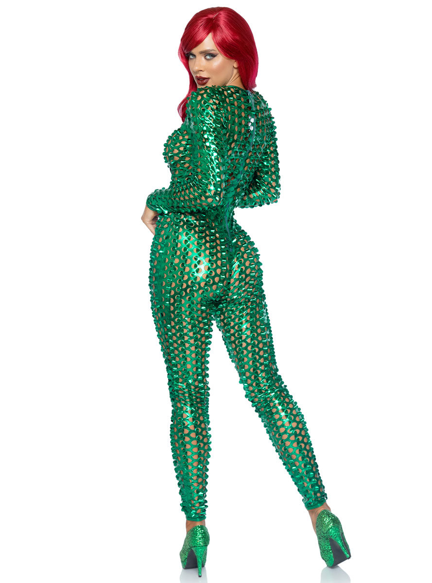 Womens Metallic Green Laser Cut Long Sleeved Costume Catsuit Back Image