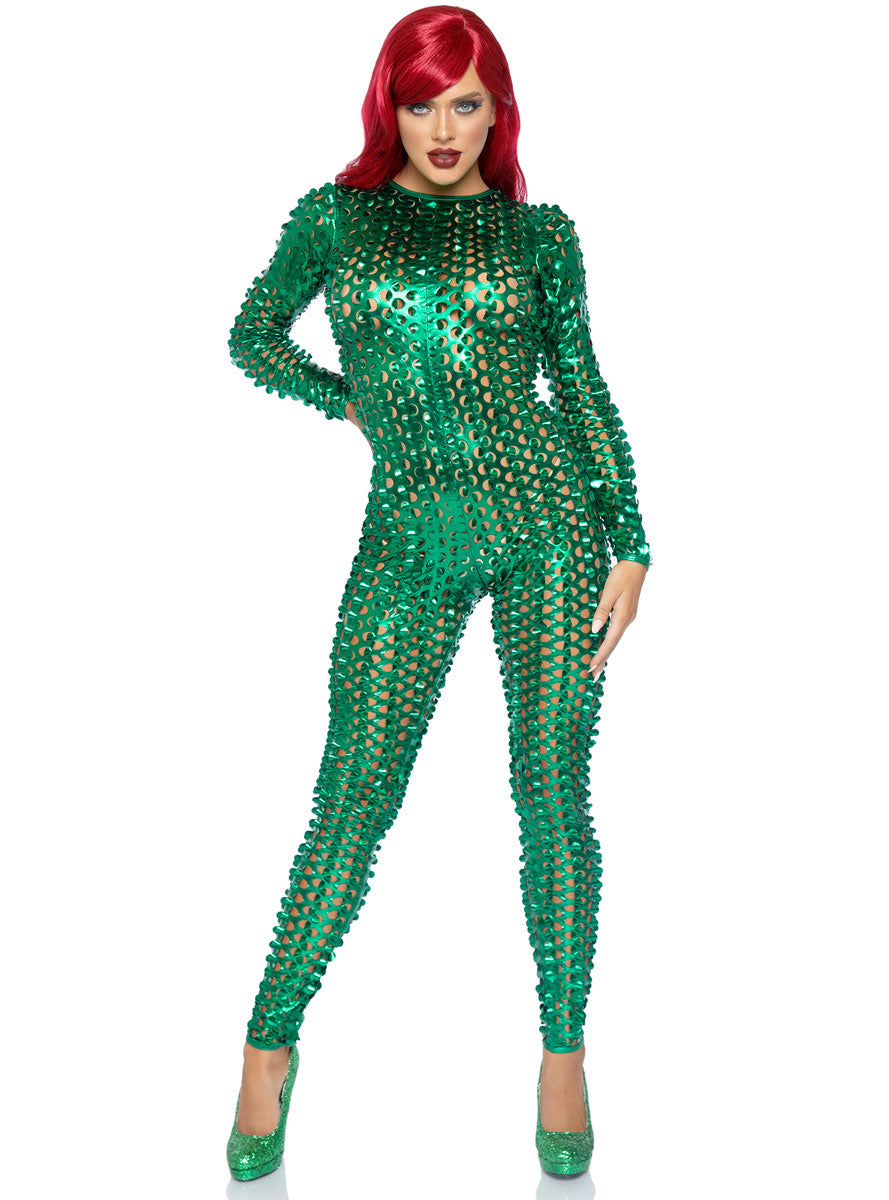 Womens Metallic Green Laser Cut Long Sleeved Costume Catsuit Main Image