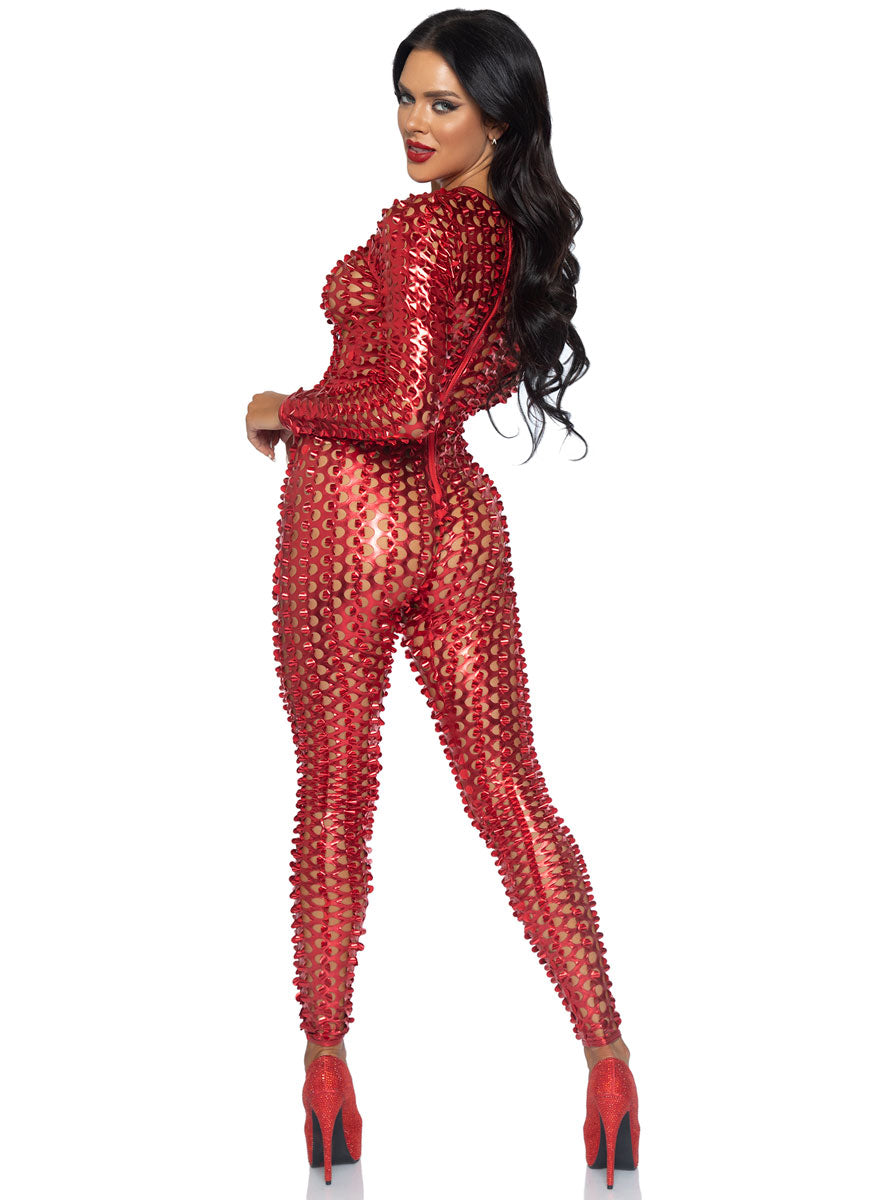 Womens Metallic Red Laser Cut Long Sleeved Costume Catsuit Back Image