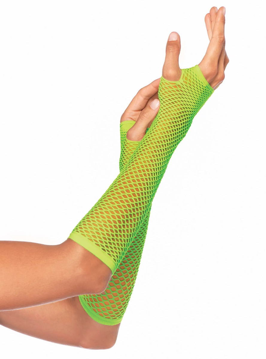 Womens Neon Green Elbow Length Fingerless Fishnet Costume Gloves
