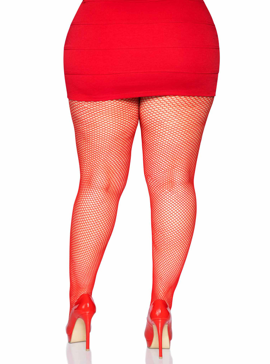 Plus Size Womens Red Nylon Fishnet Full Length Costume Tights Back Image