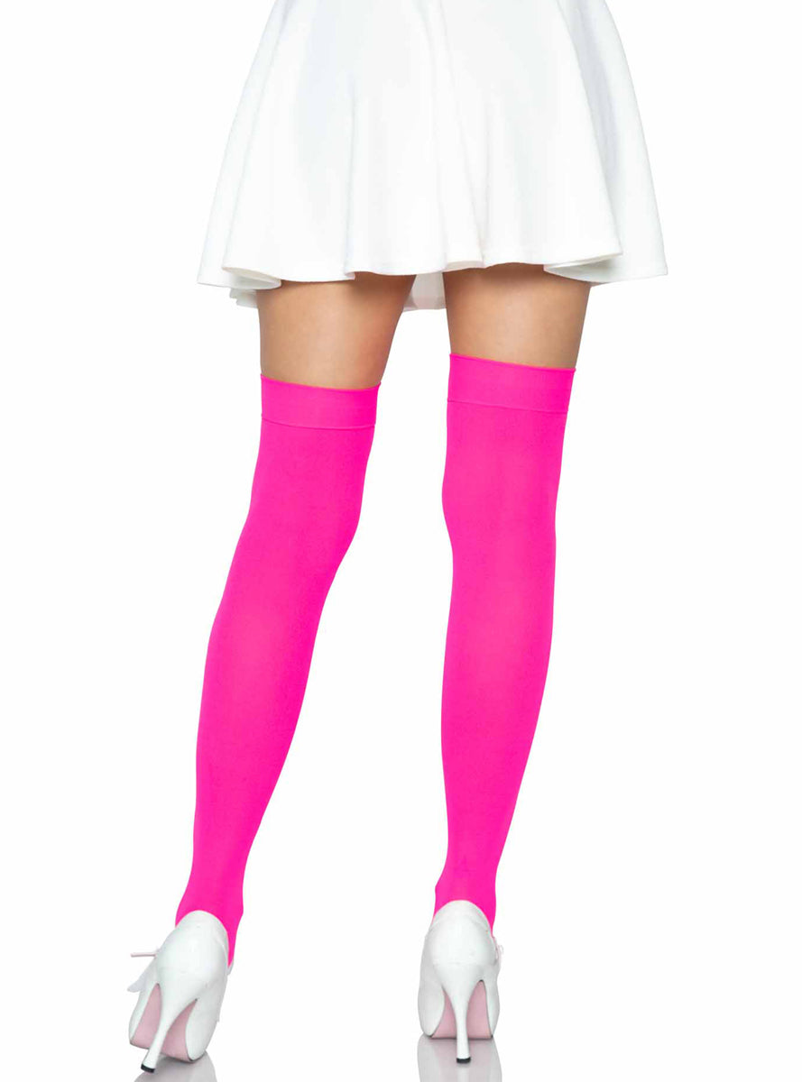 Womens Neon Pink Nylon Thigh High Costume Stockings Back Image