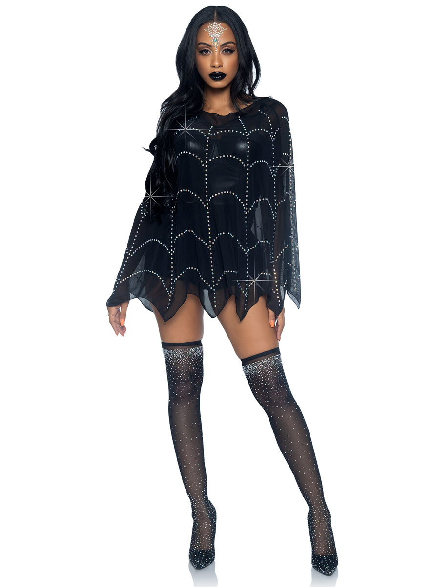 Womens Black Rhinestone Spiderweb Sheer Halloween Costume Poncho Main Image