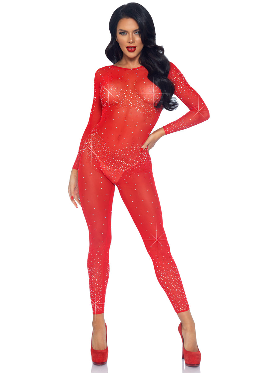 Womens Red Sheer Costume Catsuit With Rhinestones Main Image