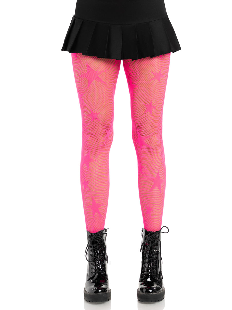 Womens Neon Pink Star Net Halloween Costume Tights Main Image