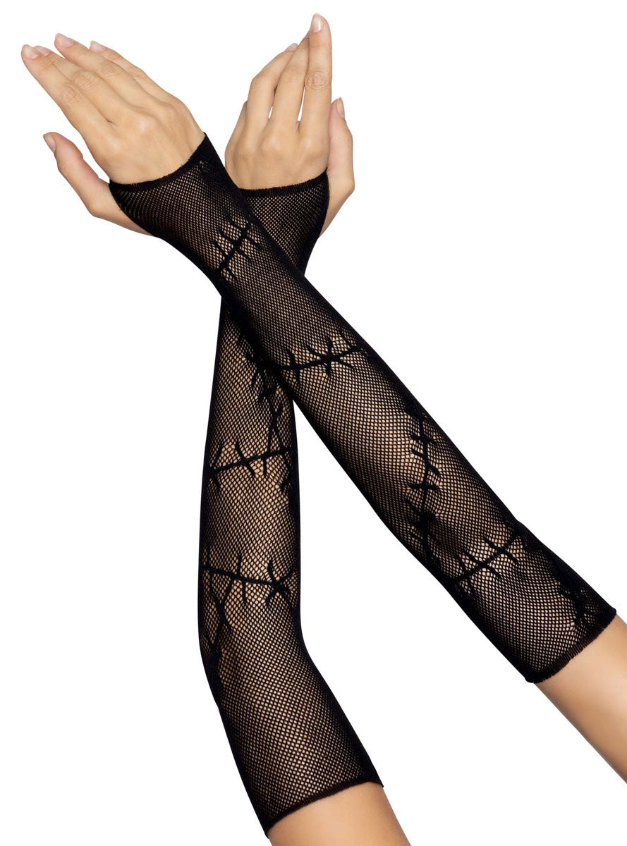 Black Stitched Up Fingerless Fishnet Arm Warmers Alternative Image