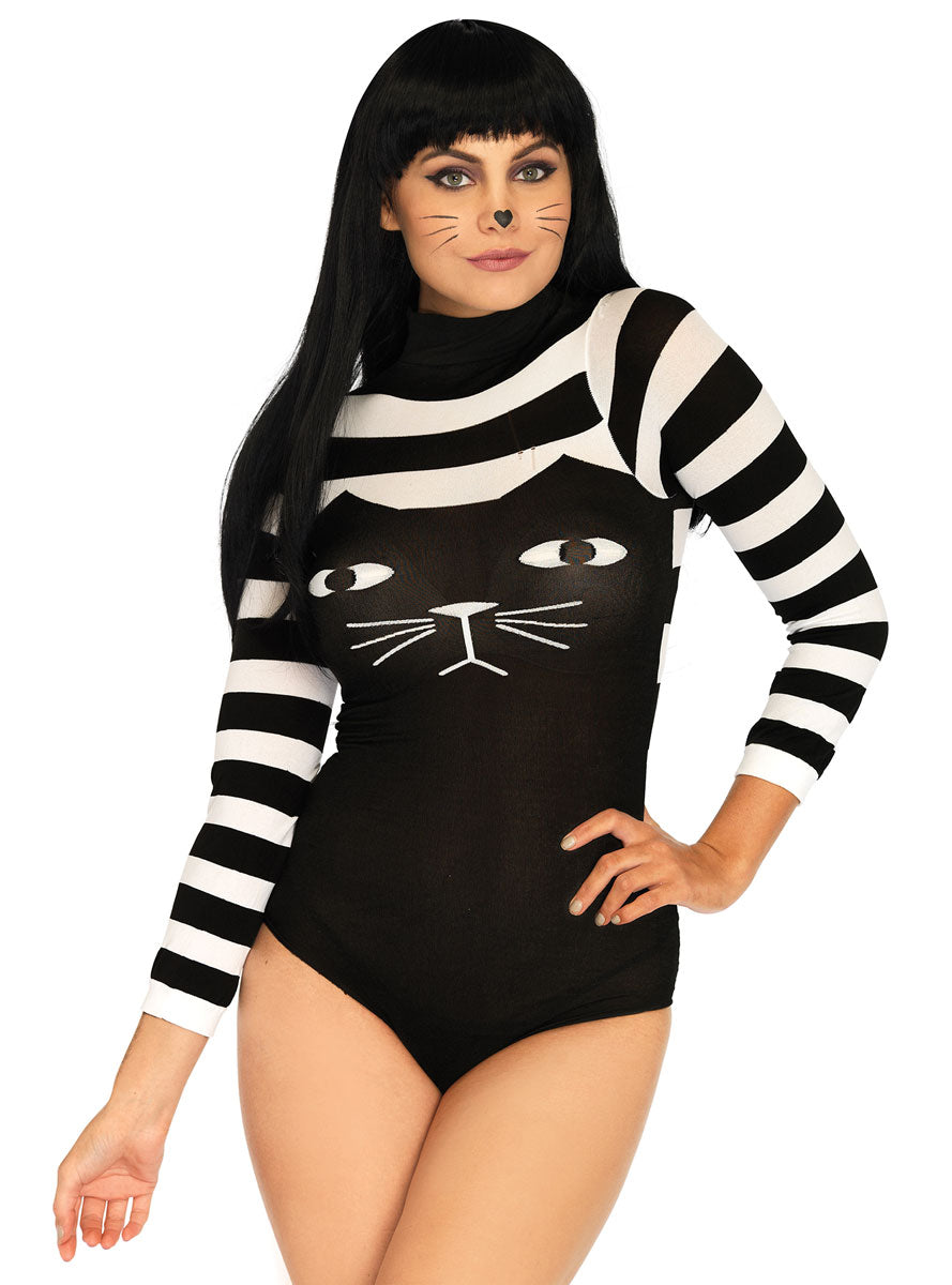 Womens Black And White Striped Cat Long Sleeve Costume Bodysuit Alternative Image