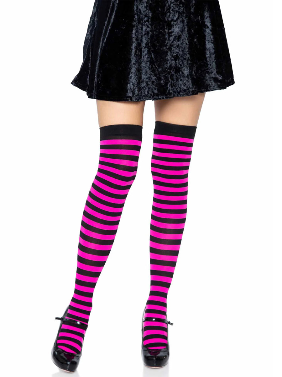 Womens Black And Pink Striped Nylon Costume Tights Main Image