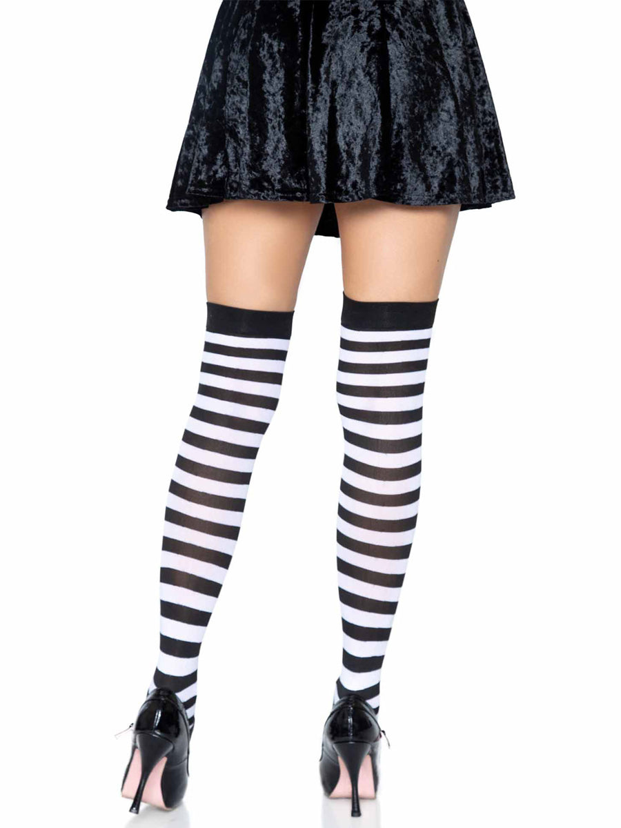 Womens Black And White Striped Nylon Costume Tights Back Image