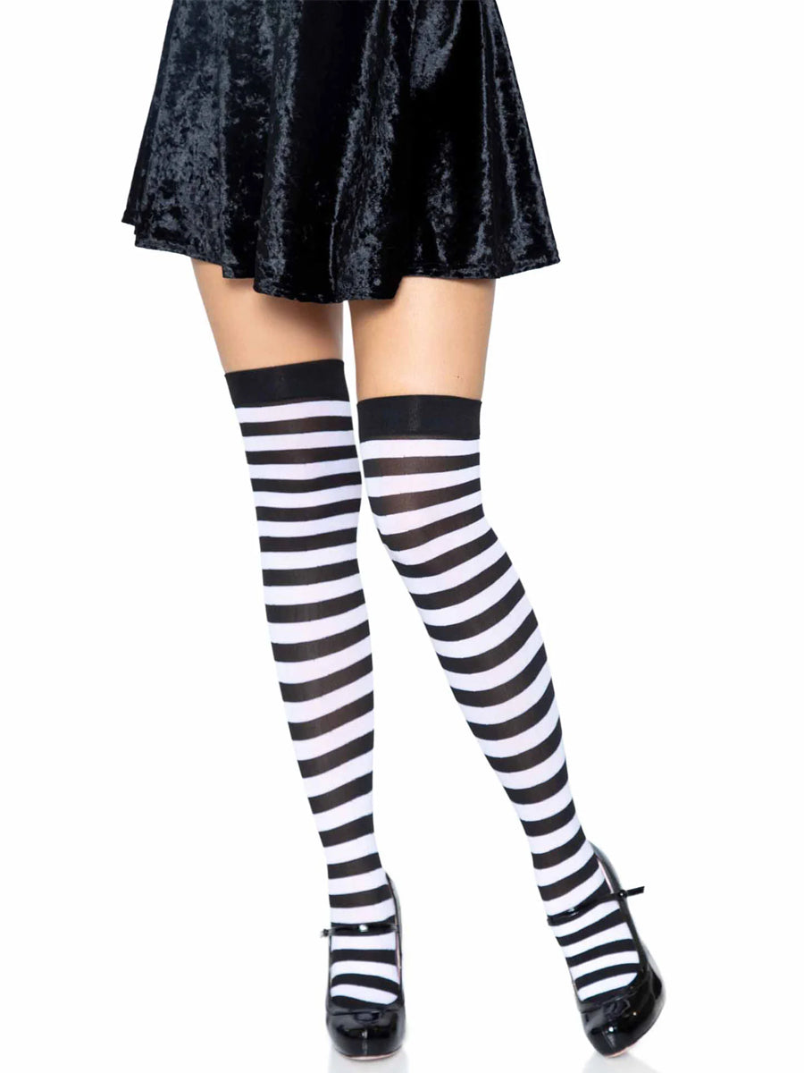 Womens Black And White Striped Nylon Costume Tights Main Image
