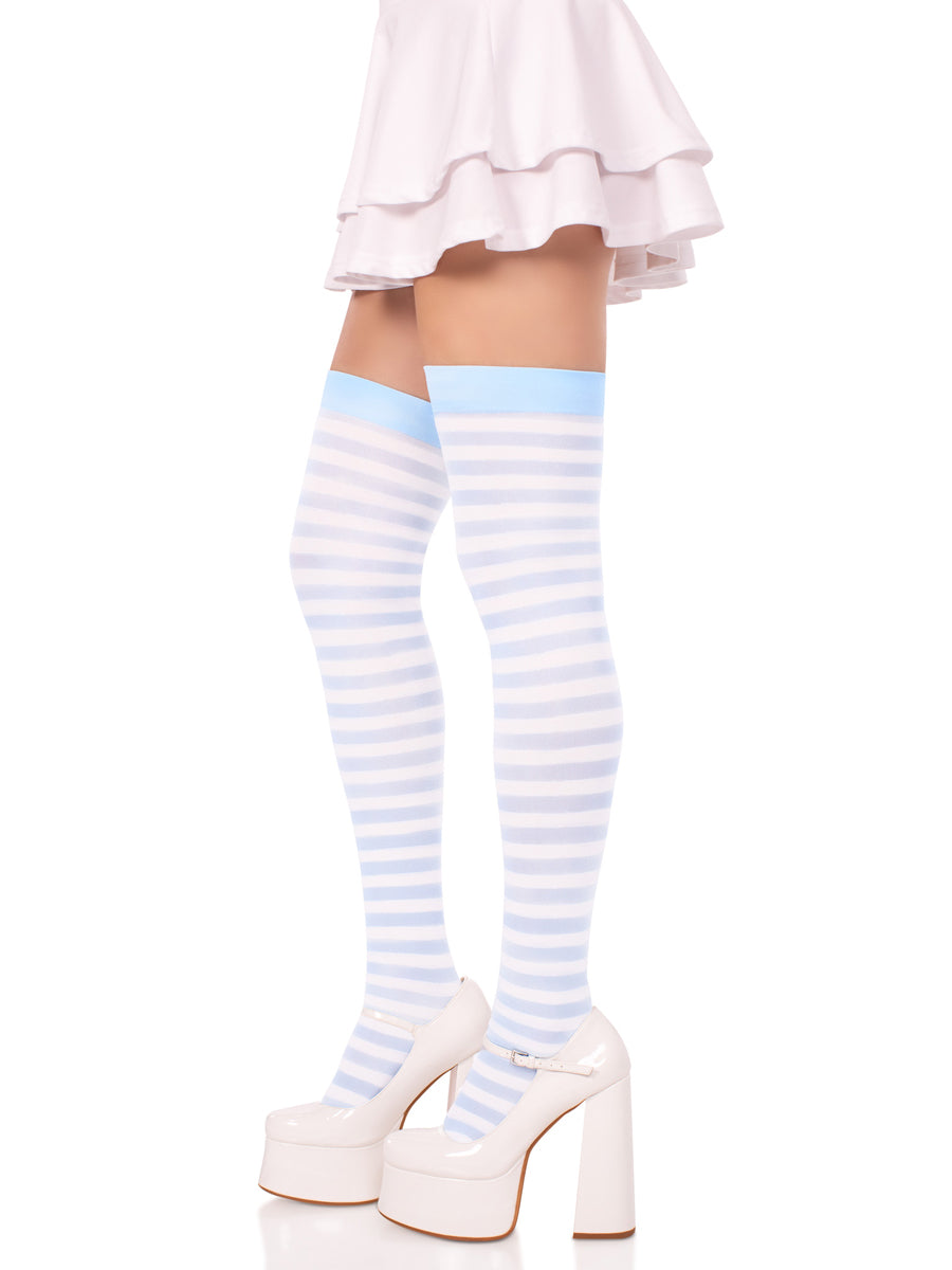 Womens Blue And White Striped Nylon Costume Tights Side Image