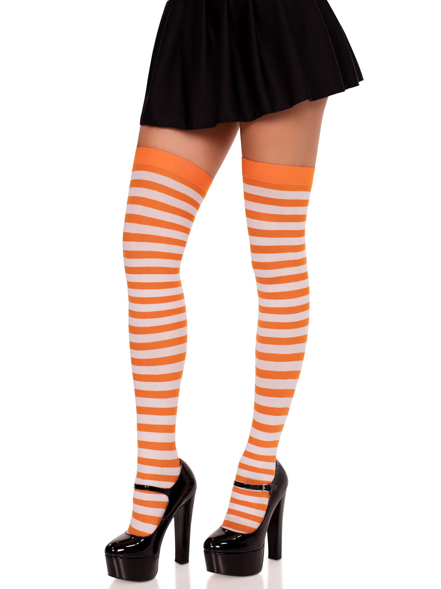 Womens Orange And White Striped Nylon Costume Tights Side Image