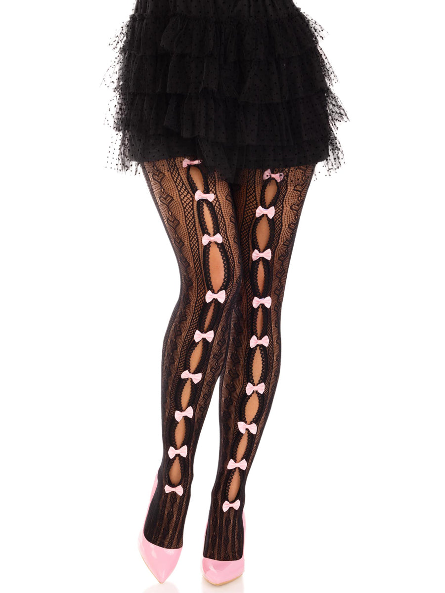 Womens Black Sweetheart Striped Net Stockings With Keyholes And Mini Bows Main Image