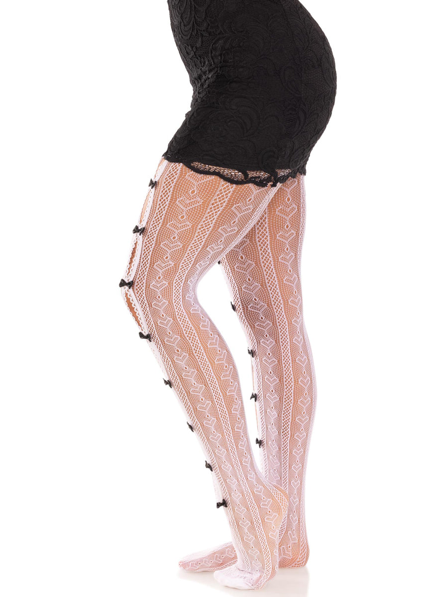 Womens White And Black Sweetheart Striped Net Stockings With Keyholes And Mini Bows Side Image
