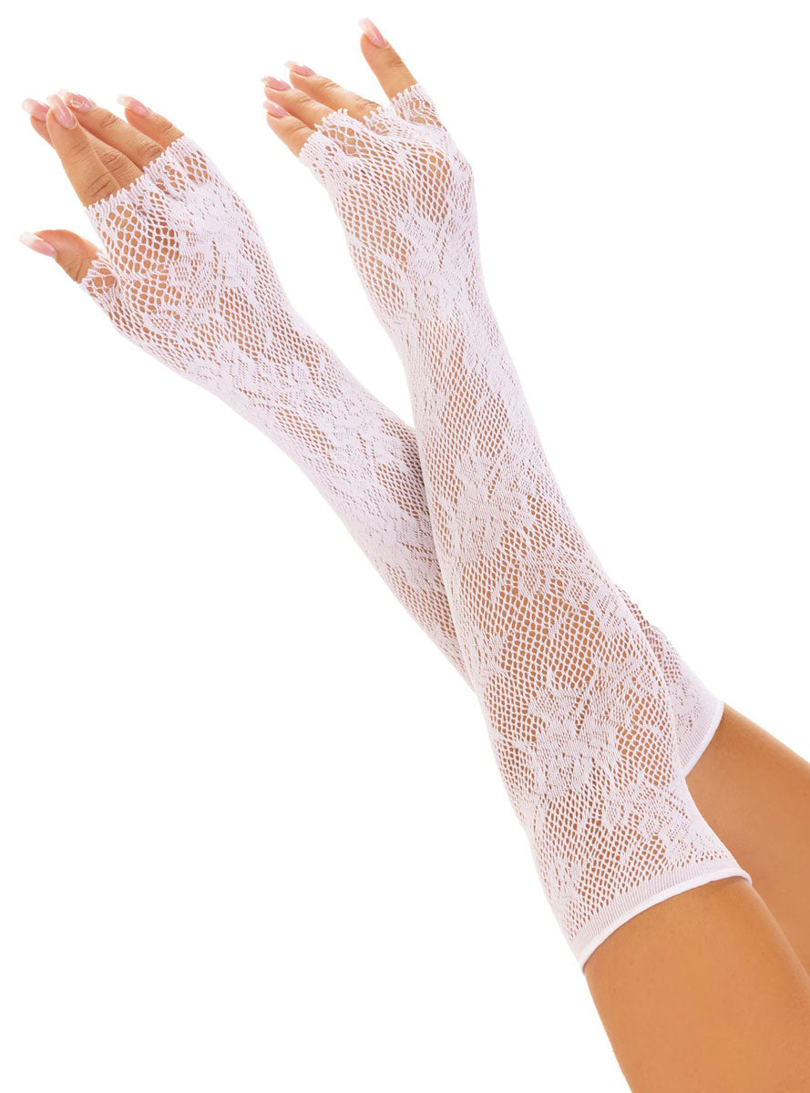White Seamless Lace Opera Length Fingerless Costume Gloves