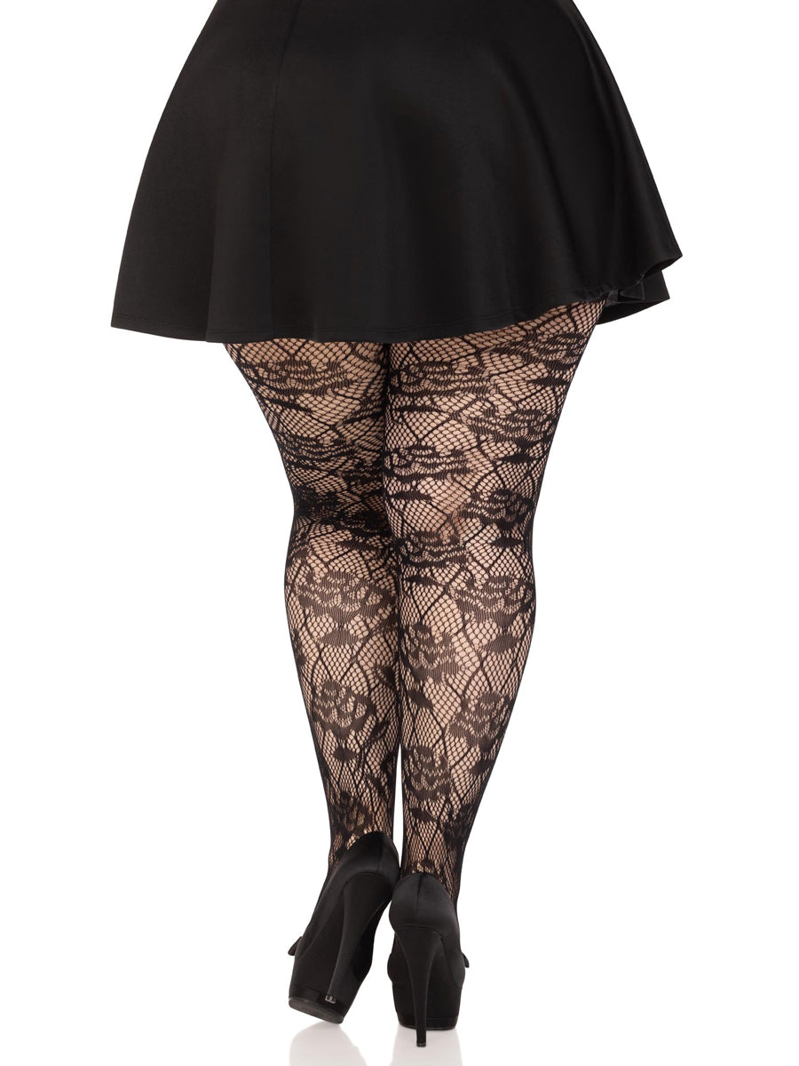 Plus Size Womens Black Wild Rose Net Full Length Stockings Back Image