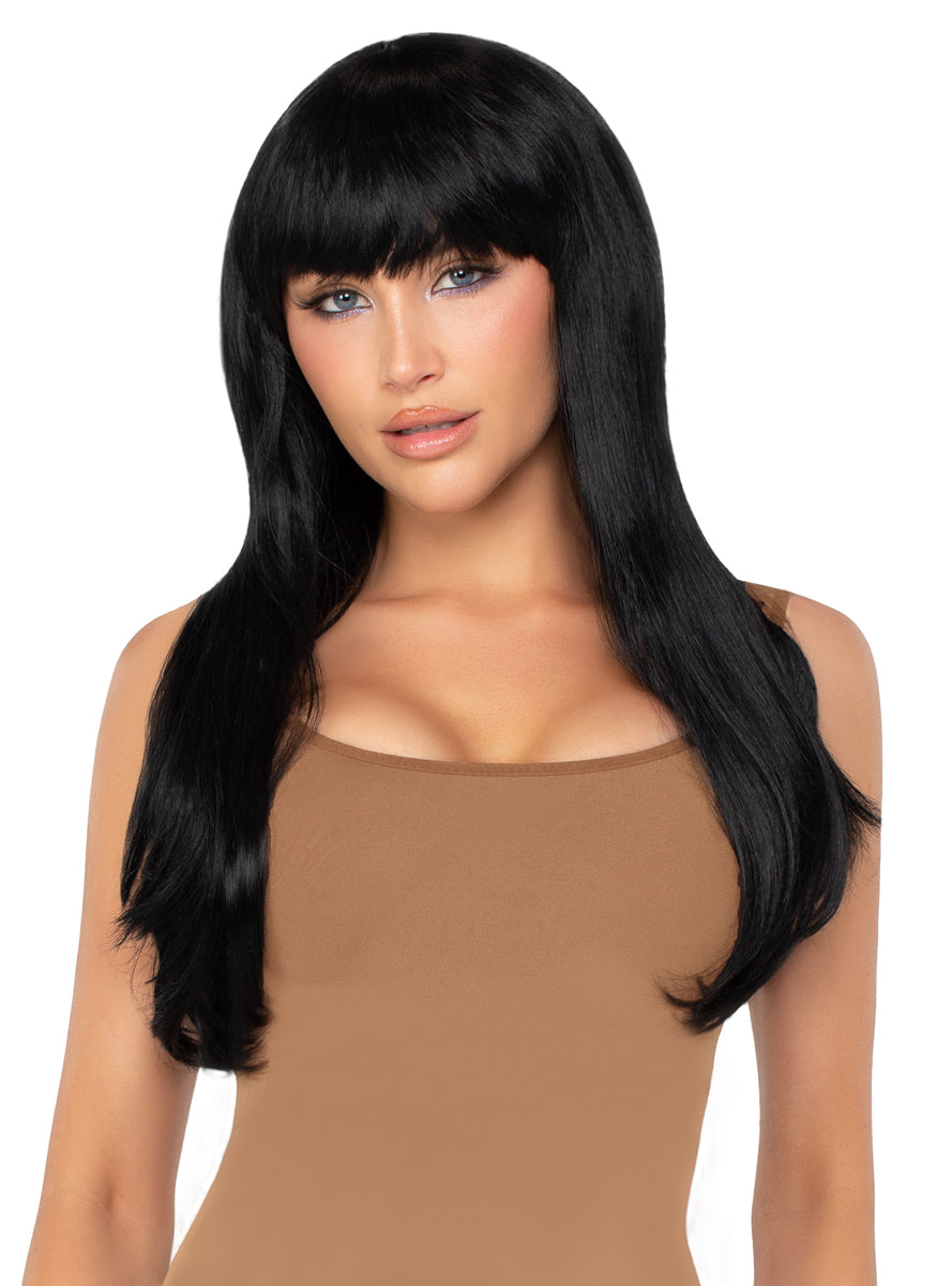 Bangin Black Long Straight Women's Costume Wig Wih Fringe - Alternate Image