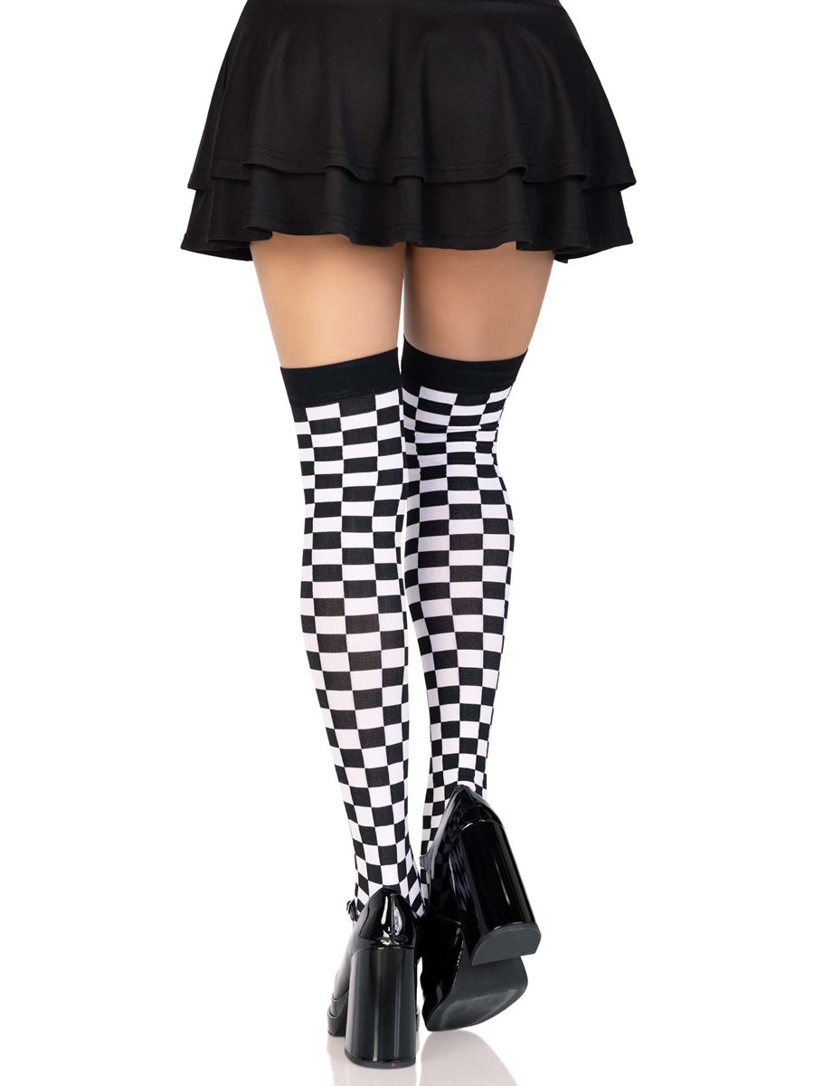 Womens Black And White Checkerboard Thigh High Stockings Back Image