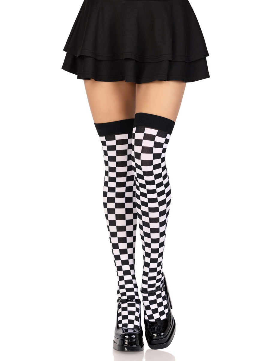 Womens Black And White Checkerboard Thigh High Stockings Main Image
