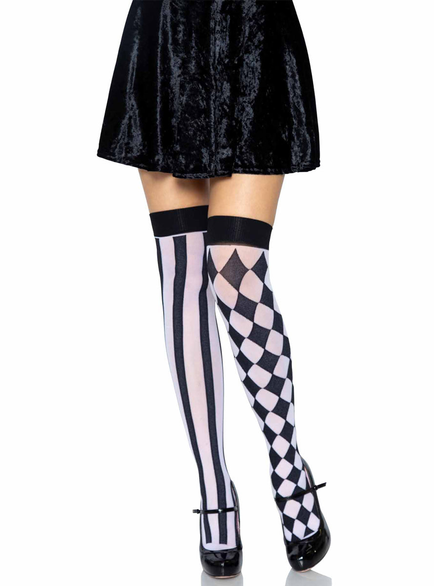 Harlequin Striped Black And White Costume Thigh High Stockings - Alternate Image