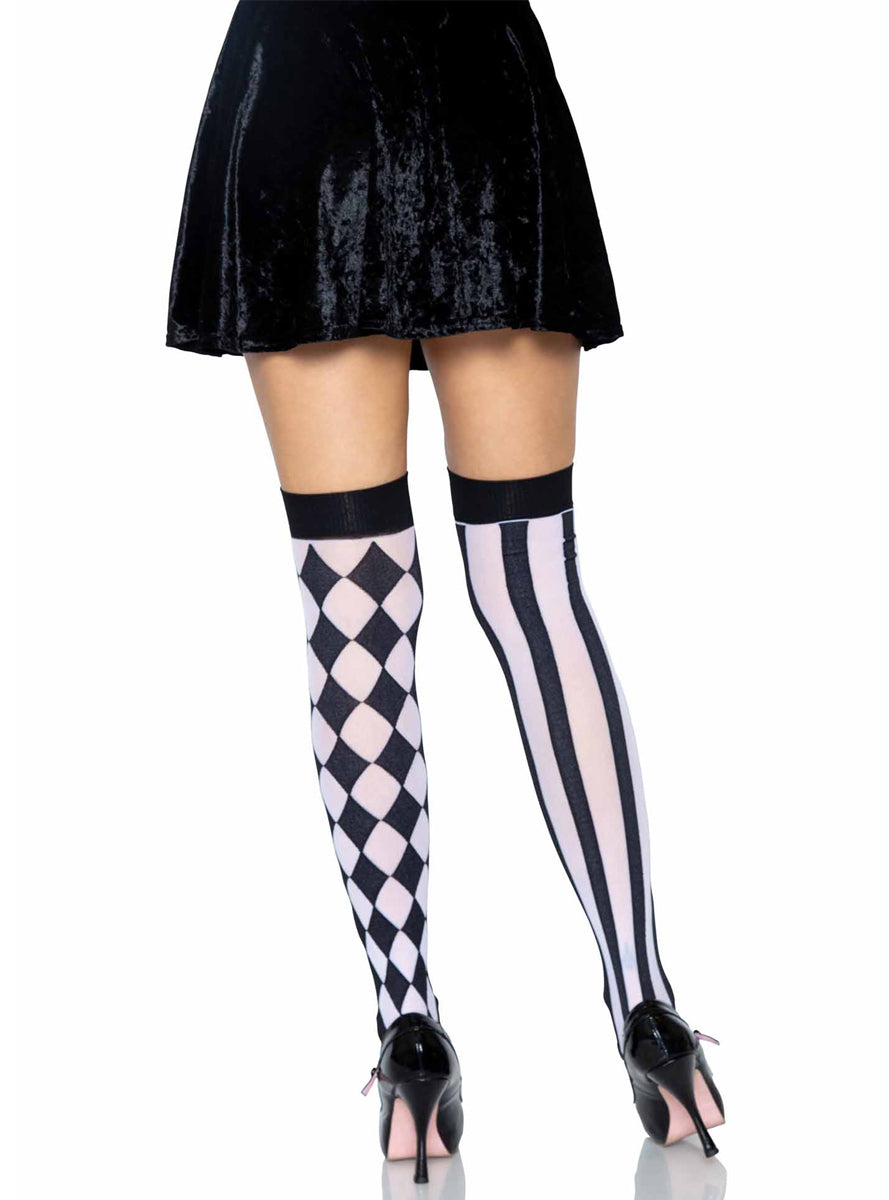 Harlequin Striped Black And White Costume Thigh High Stockings - Back Image