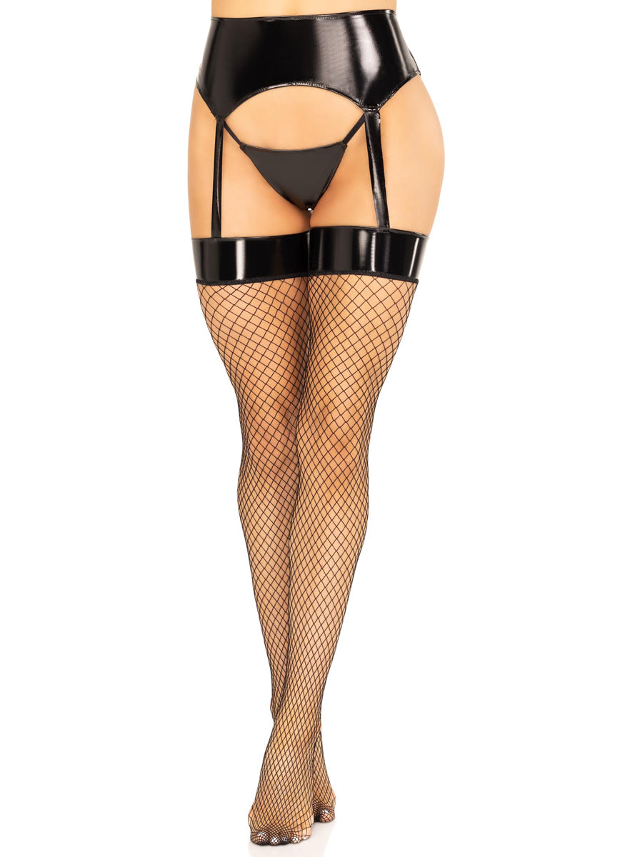 Womens Black Fishnet Stockings With 2 Piece Vinyl Garter Belt Alternative Image
