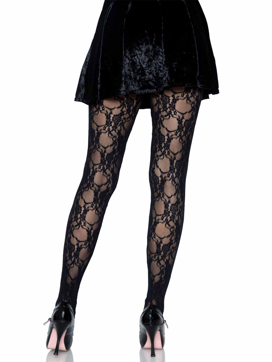 Leg Avenue Ladies Floral Lace Black Full Length Stockings - Back Image