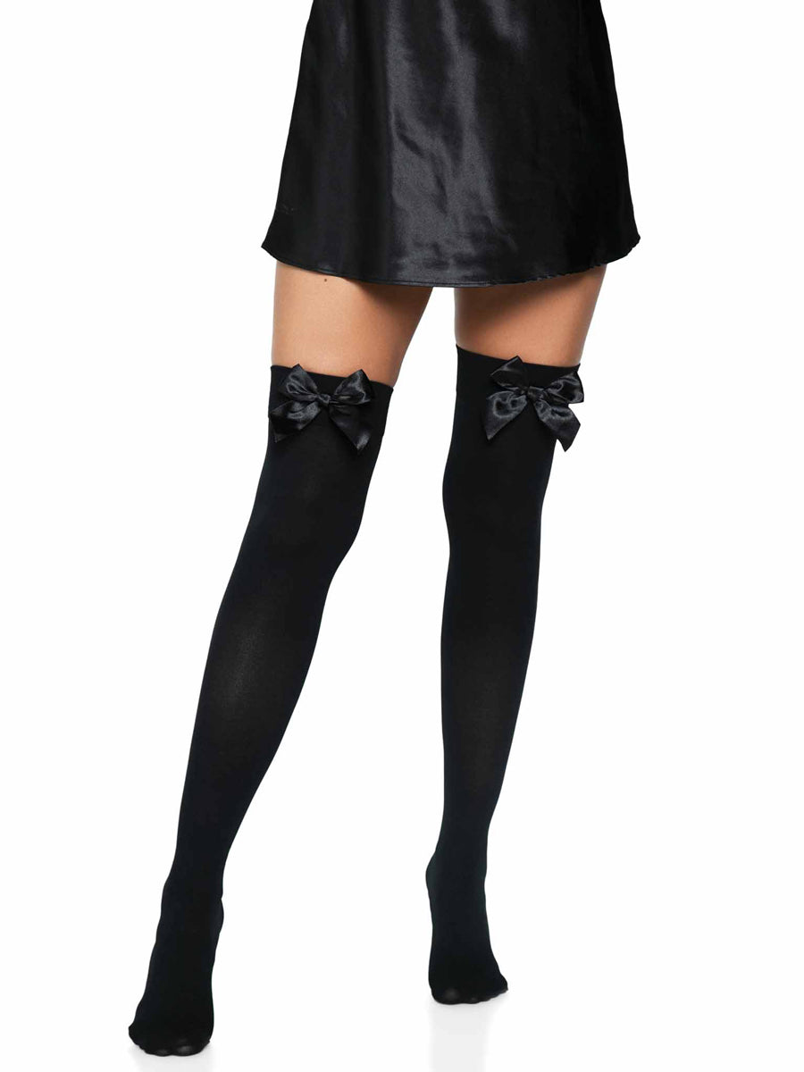 Black Opaque Thigh High Costume Stockings With Black Bows - Altetrnate Image