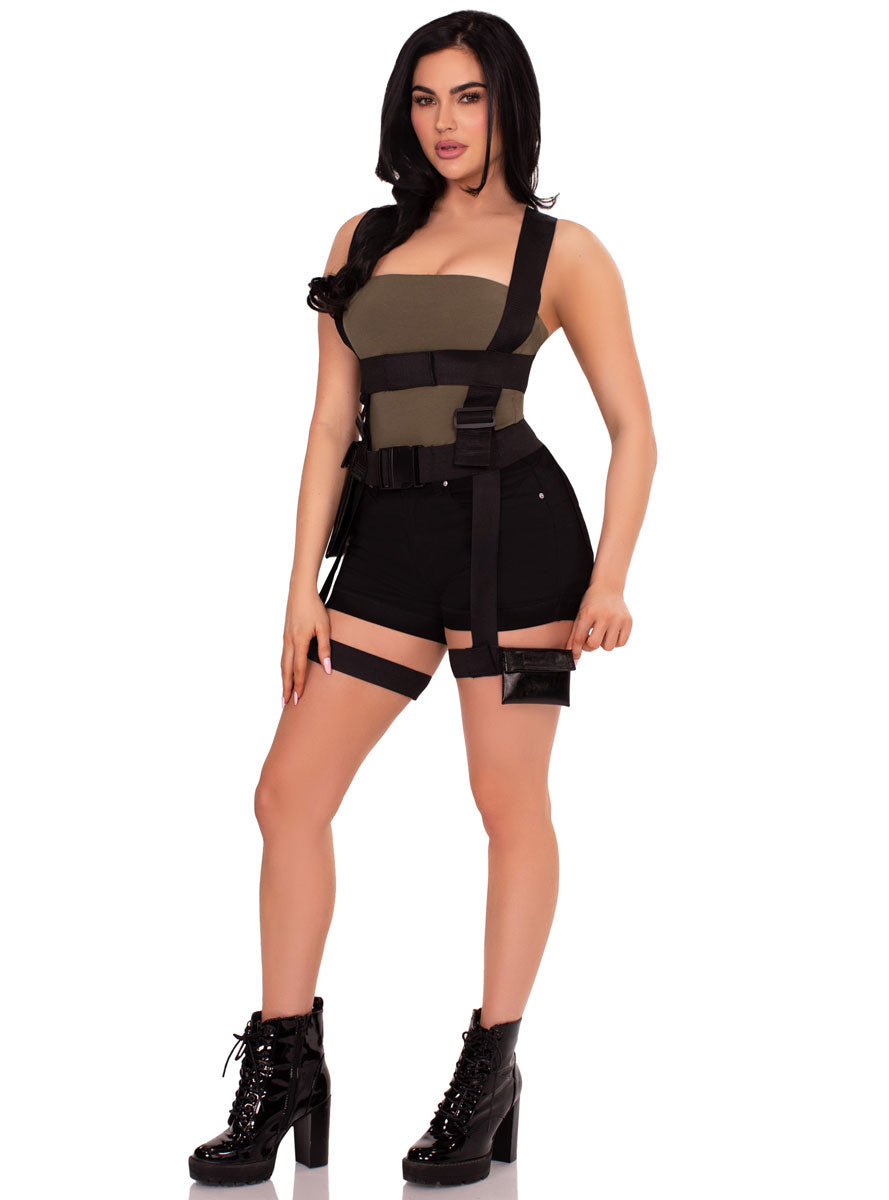 Womens Black Utility Costume Body Harness With Leg Garter Side Image