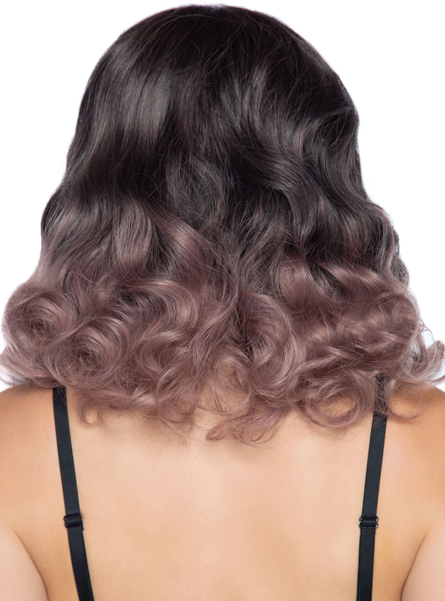 Womens Curly Ombre Brown And Mauve Costume Wig Back Image