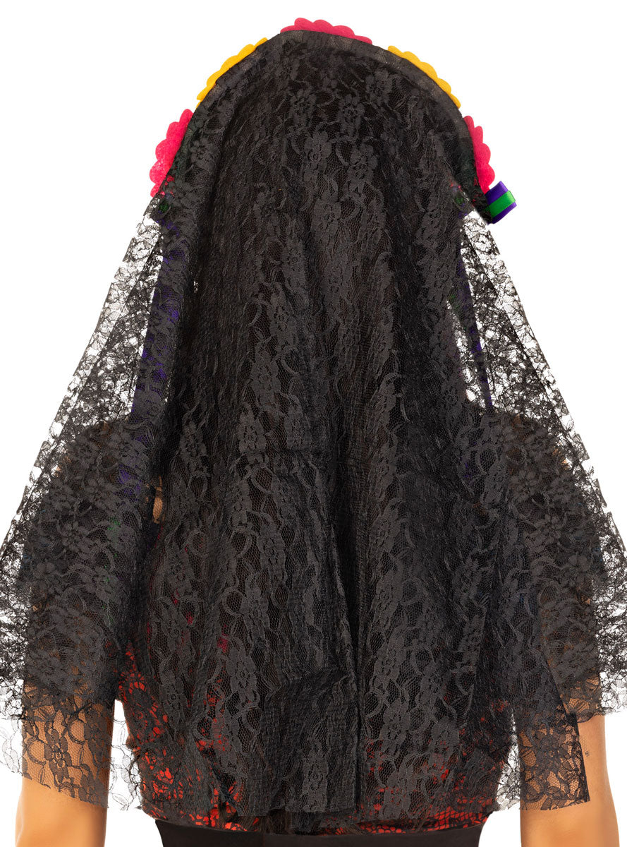 Womens Day Of The Dead Flower Headpiece With Black Lace Veil Back Image