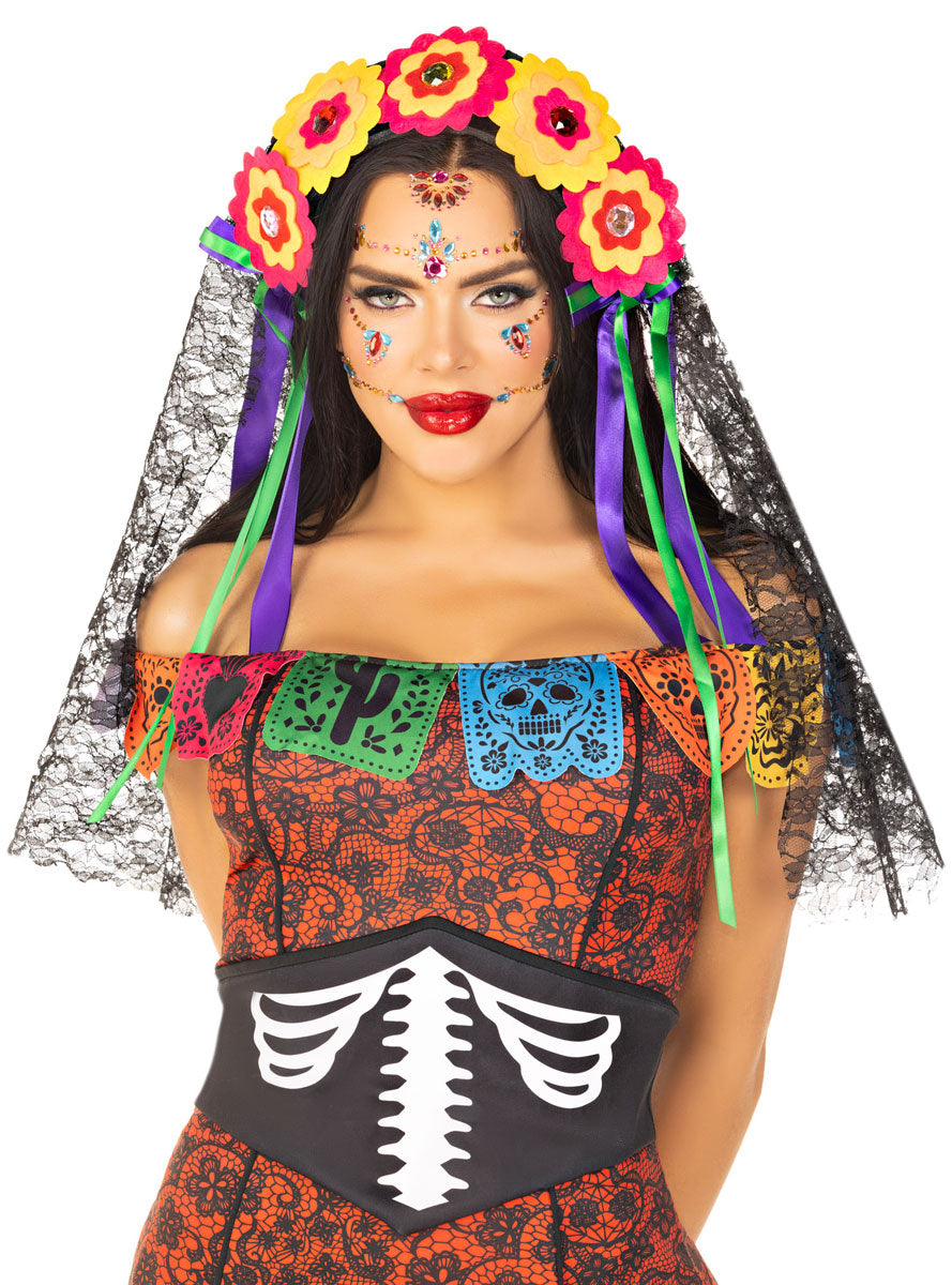 Womens Day Of The Dead Flower Headpiece With Black Lace Veil Main Image