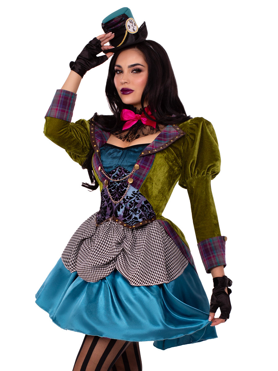 Women's Deluxe Blue and Green Mad Hatter Costume - Close Image