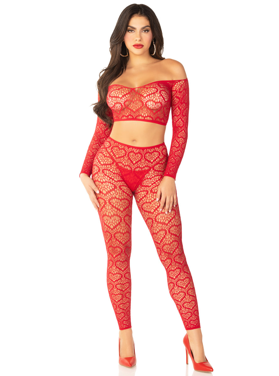 Heart Net Sexy Red Crop and Leggings Set