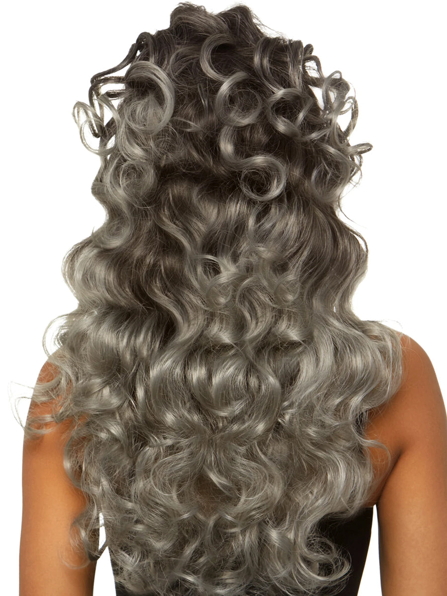 Womens Long Curly Grey Ponytail Costume Wig Back Image
