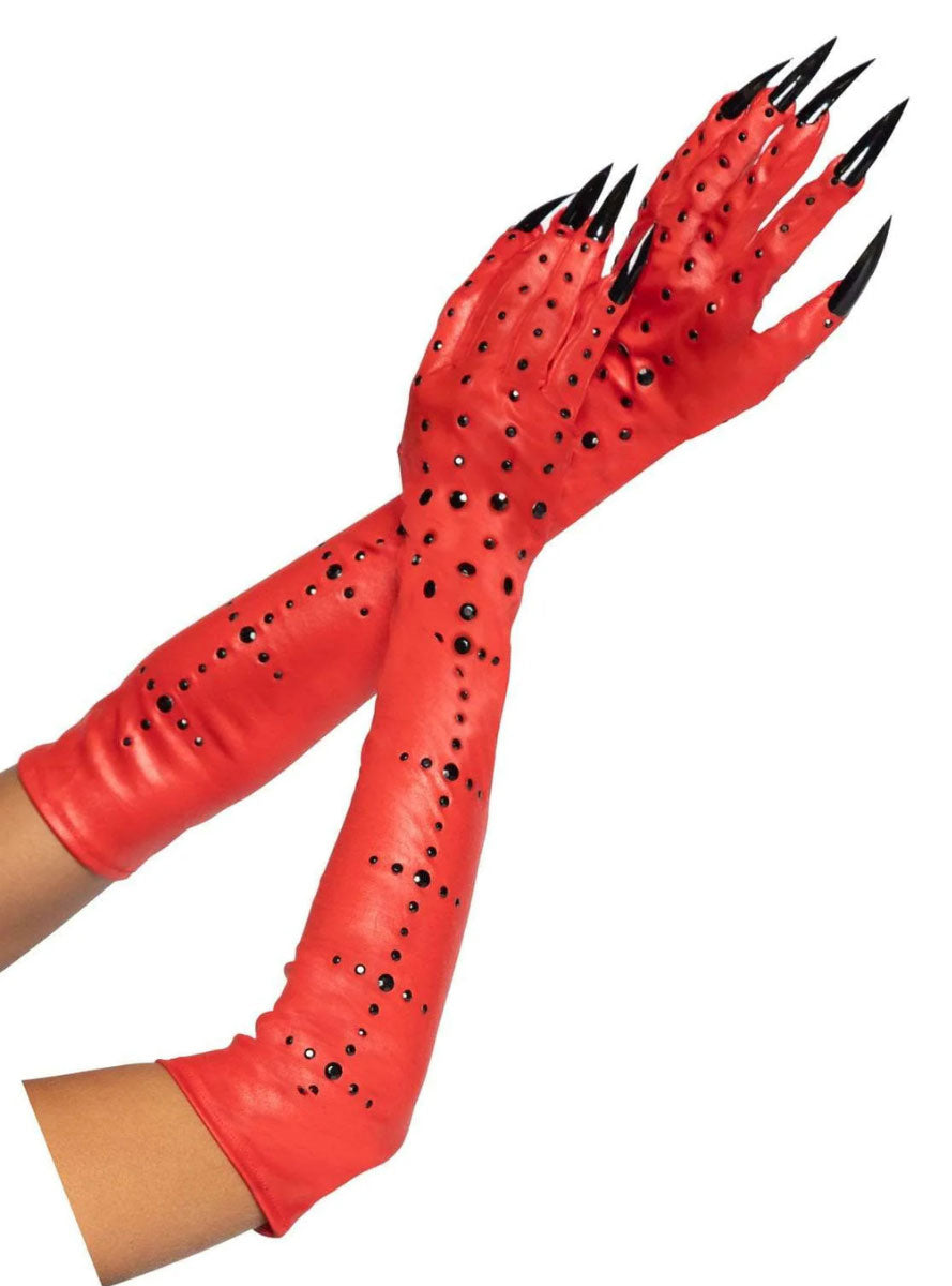 Womens Long Red Rhinestone Costume Gloves With Devil Claws