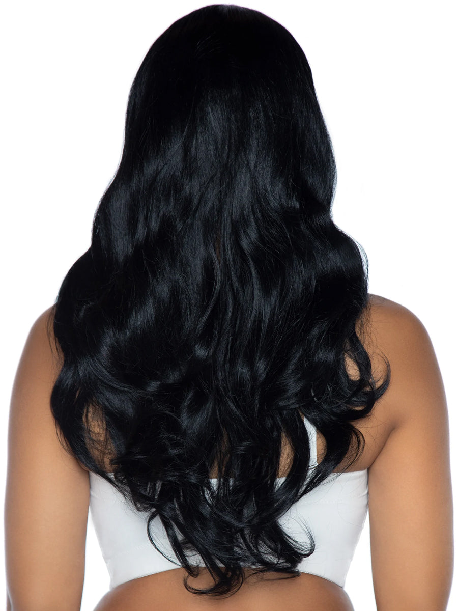 Womens Long Wavy Black Costume Wig With Centre Part Back Image