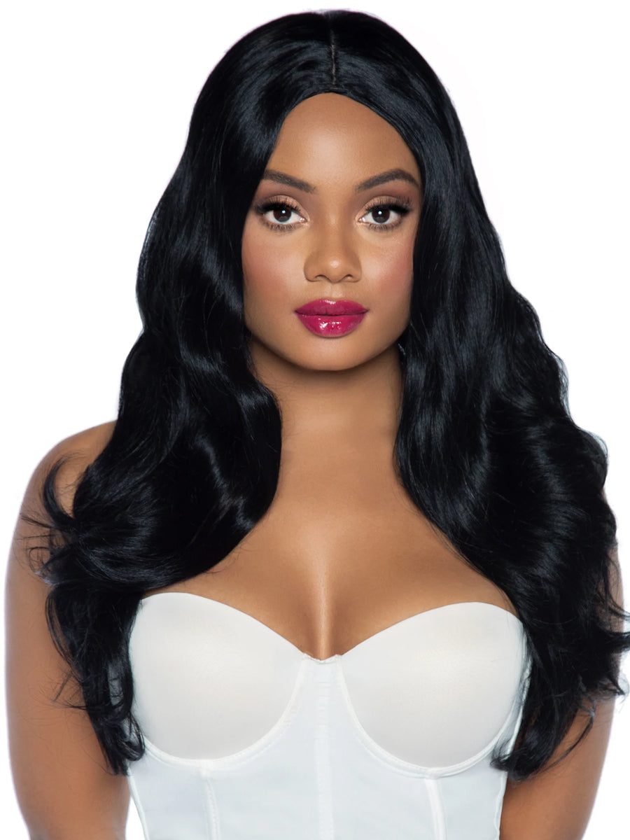 Womens Long Wavy Black Costume Wig With Centre Part Main Image