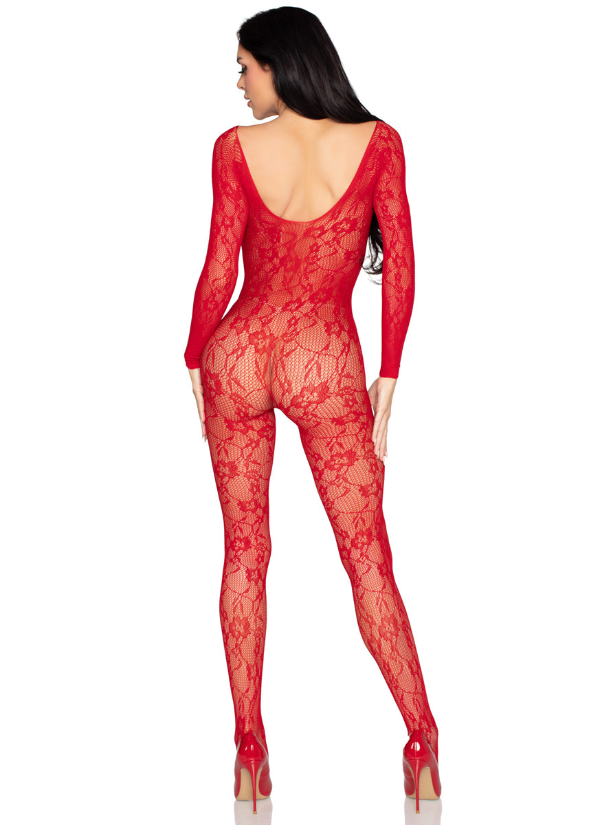 Sexy Red Floral Lace Long Sleeve Full Bodysuit