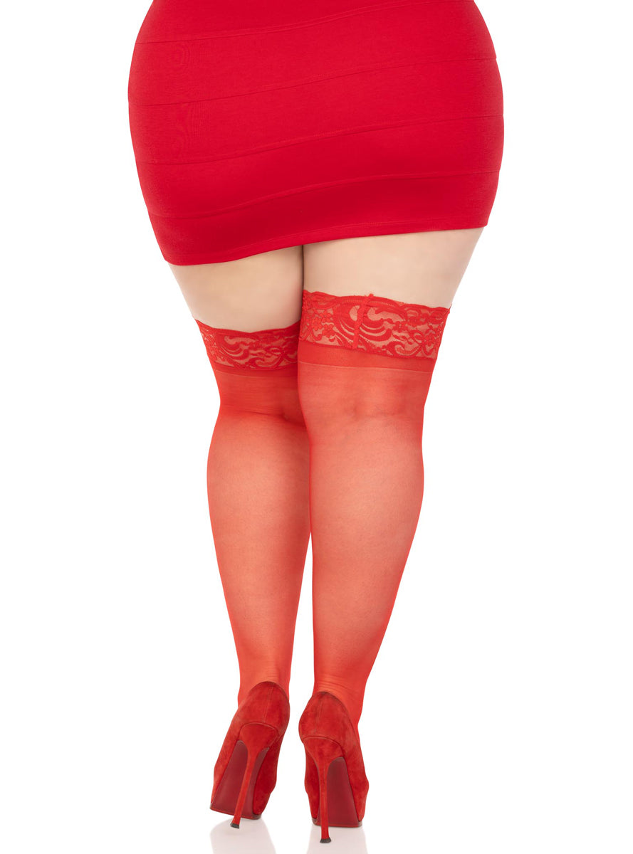 Plus Size Womens Red Sheer Nora Thigh High Stockings With Lace Tops Back Image