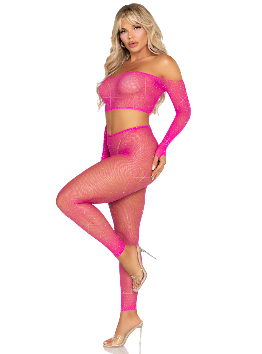 Rhinestone Neon Pink Fishnet Crop and Leggings Set