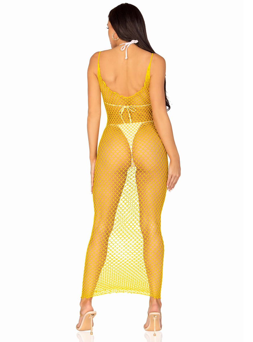 Womens Sexy Lemon Yellow Full Length Fishnet Maxi Dress Back Image