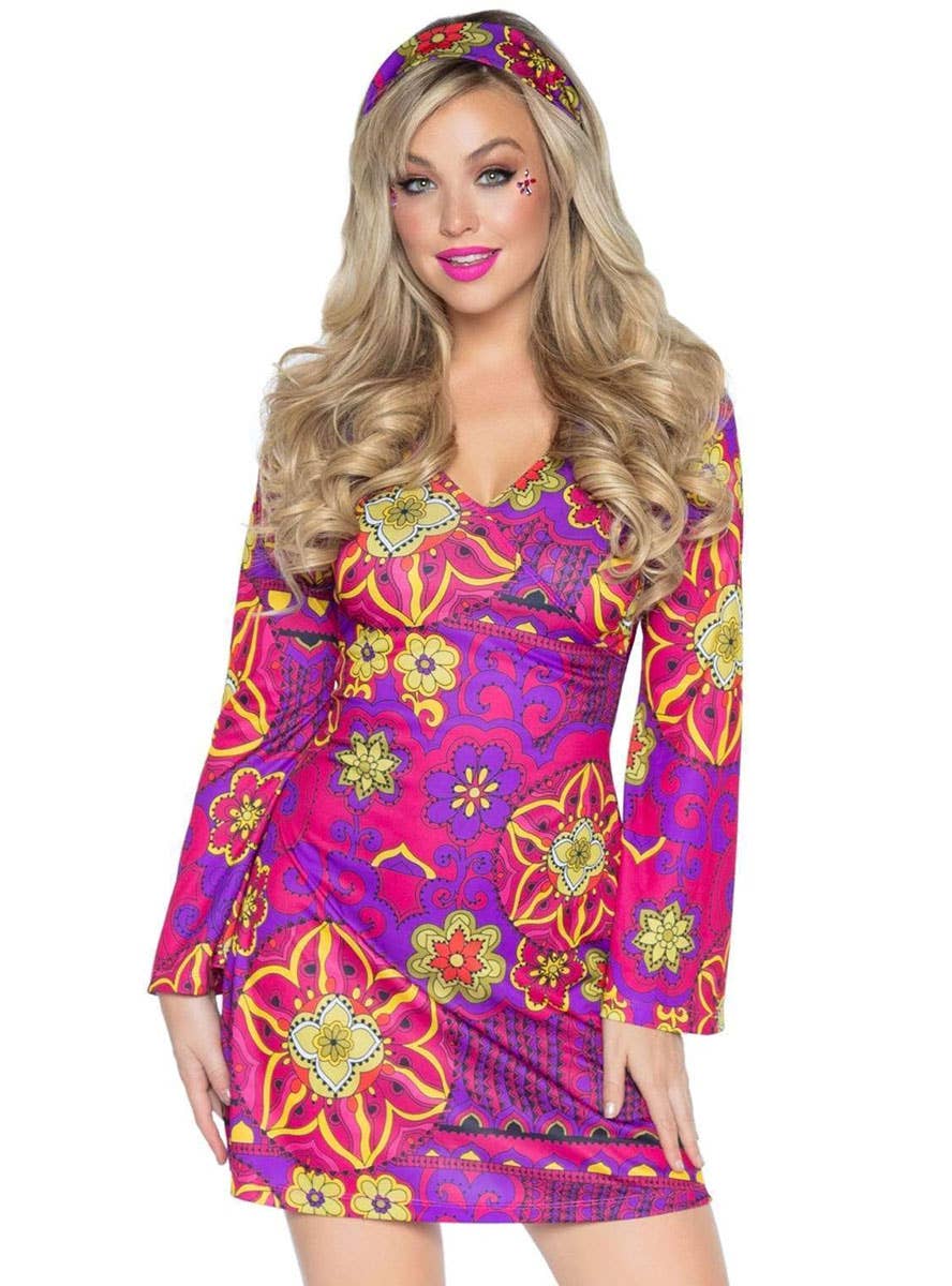 Pink 1960s Retro Fancy Dress Hippie Costume for Women - Main Close Up Image