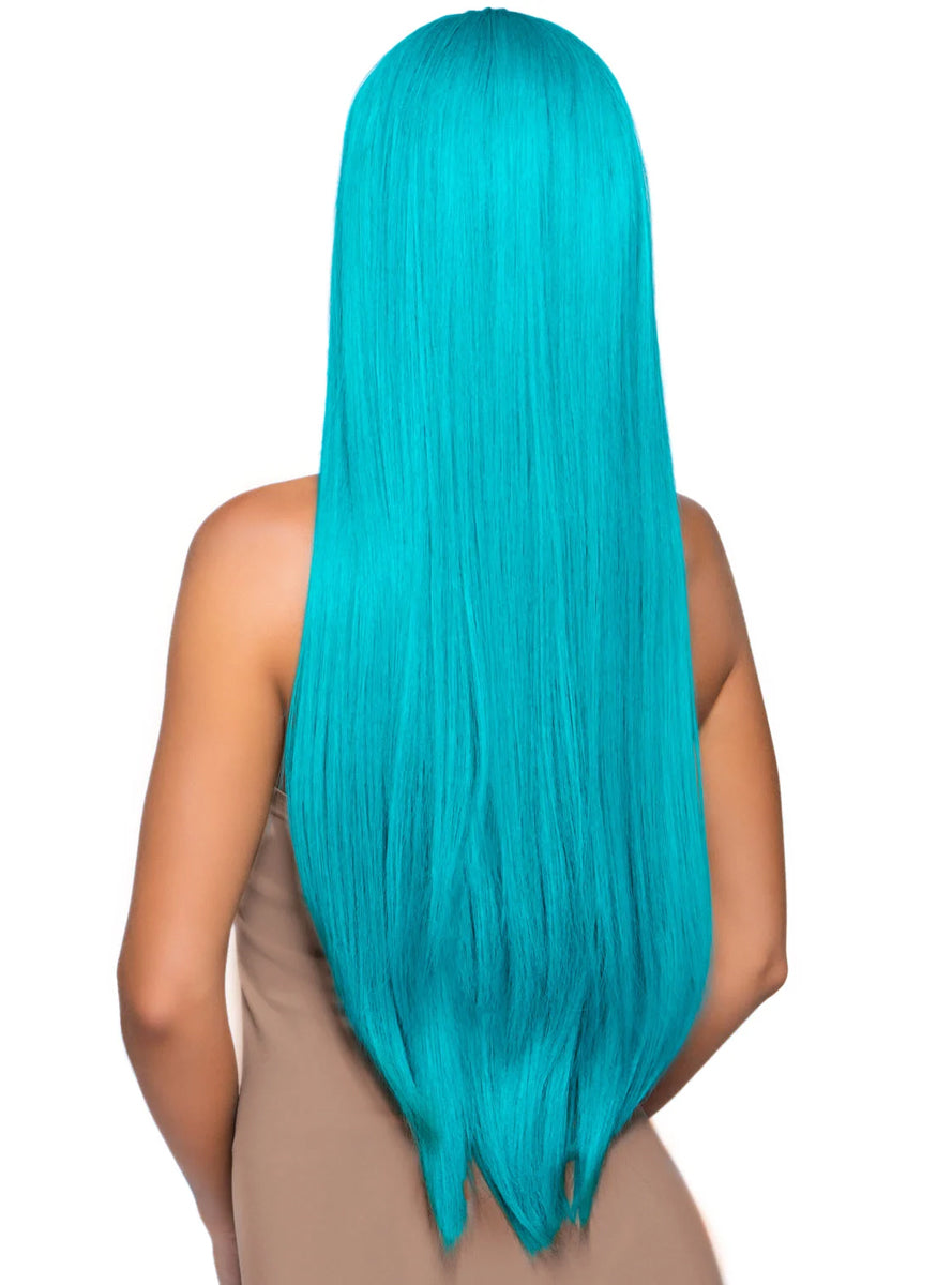 Womens Straight Long Turquoise Costume Wig Back Image