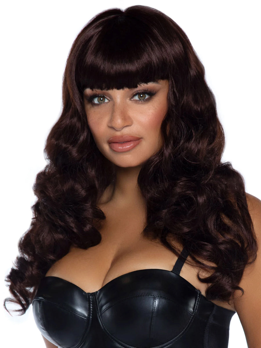 Womens Wavy Brown Costume Wig With Bangs Main Image