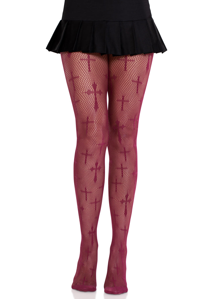 Burgundy Cross Net Worship Me Halloween Costume Tights Alternative Image