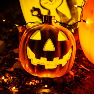 Image of a light up Halloween pumpkin decoration.