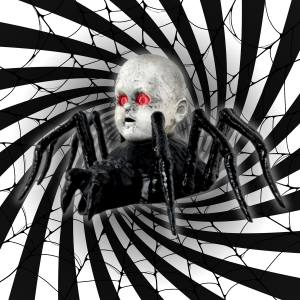 Image of a moving Halloween decoration, the decoration is a spider with a baby head attached to the top.
