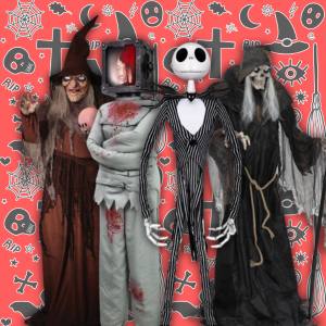 Image of 4 different life size standing Halloween deocorations.