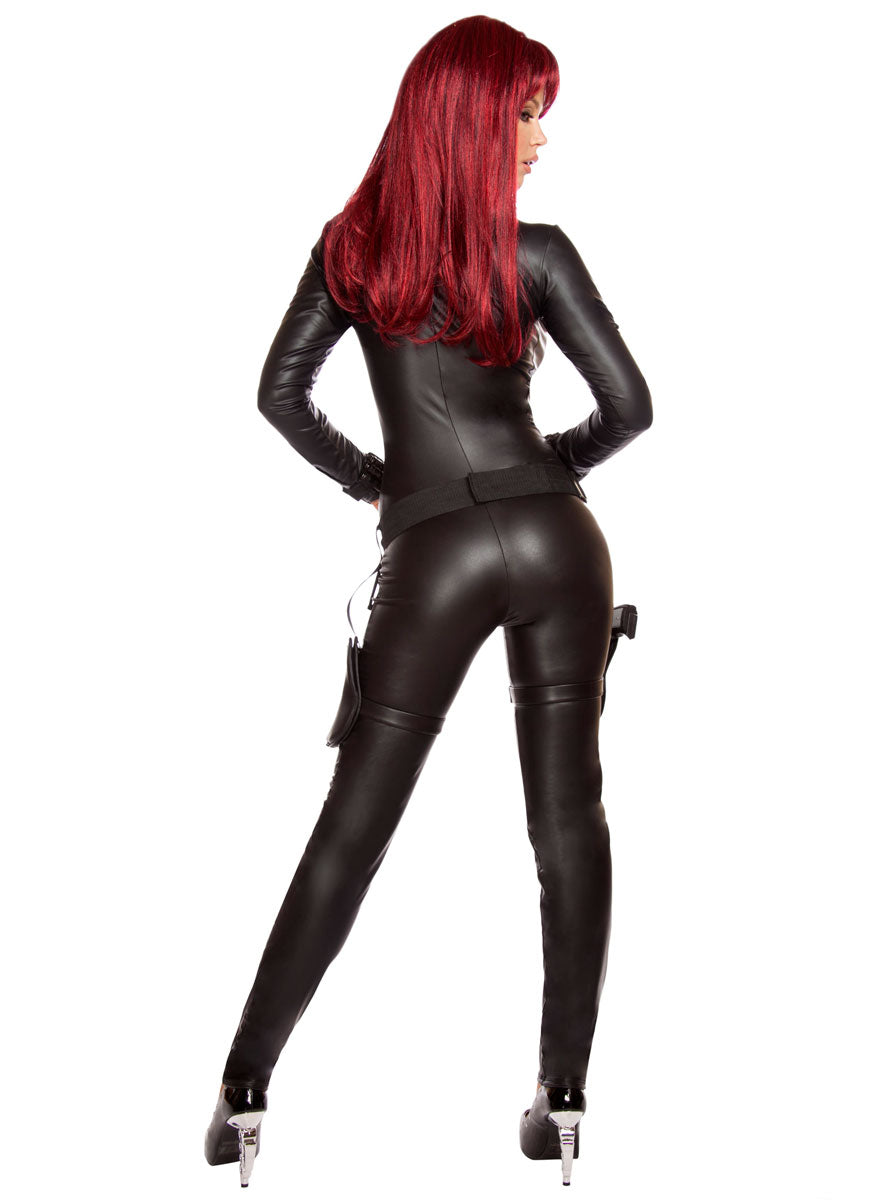 Alluring Assassin Womens Sexy Black Wet Look Jumpsuit Costume - Back Image